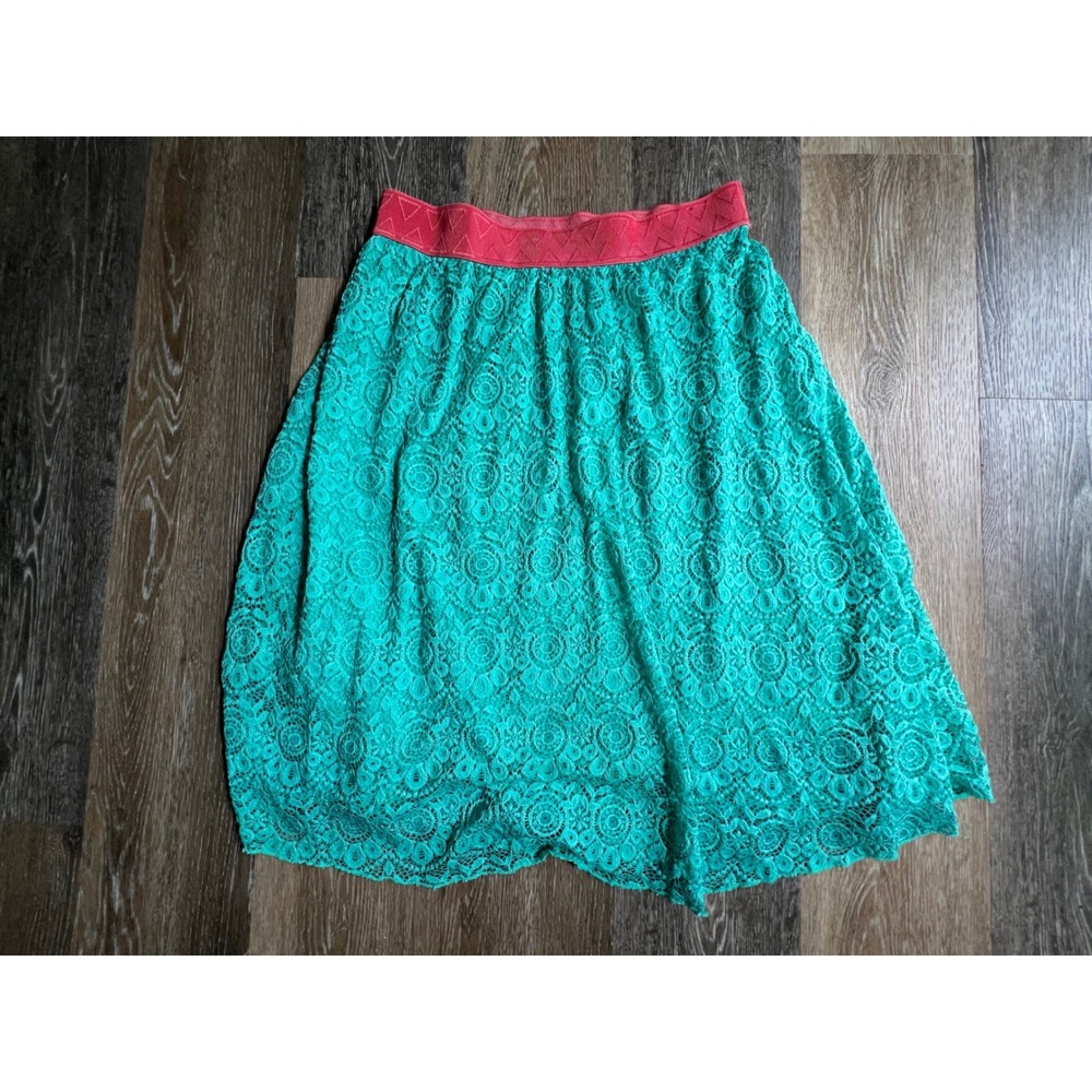 LuLaRoe Lola Skirt Womens‎ XL Teal Green Coral Pink Excellent Lace Midi Skirt